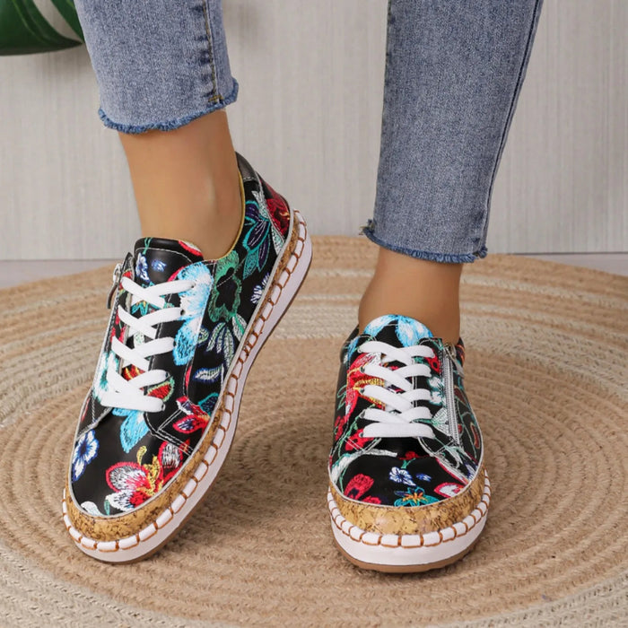 Dam Espadrille Sneakers med Blommönster och Snörning