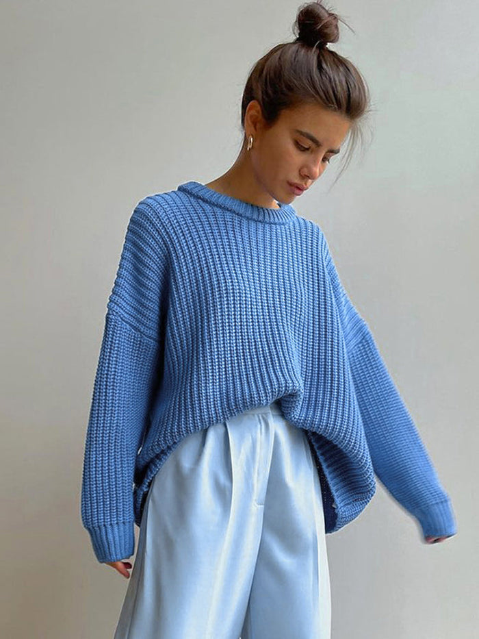 Dam Oversized Stickad Tröja Grovstickad med Rund Hals