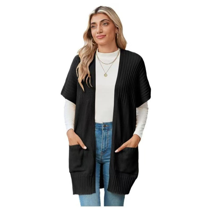 Dam Stickad Cardigan Öppen Fram med Fickor