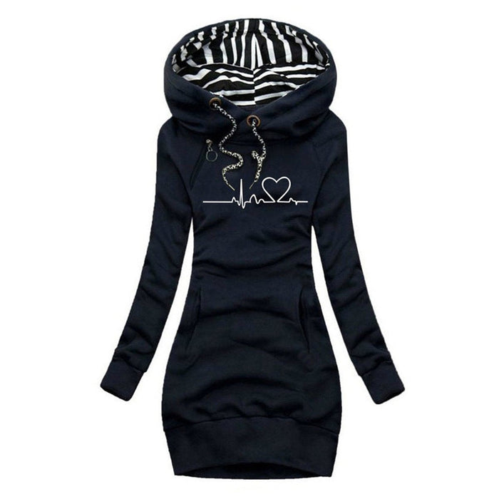 Dam Sweatshirt-Klänning med Huva och Hjärtslags-Print