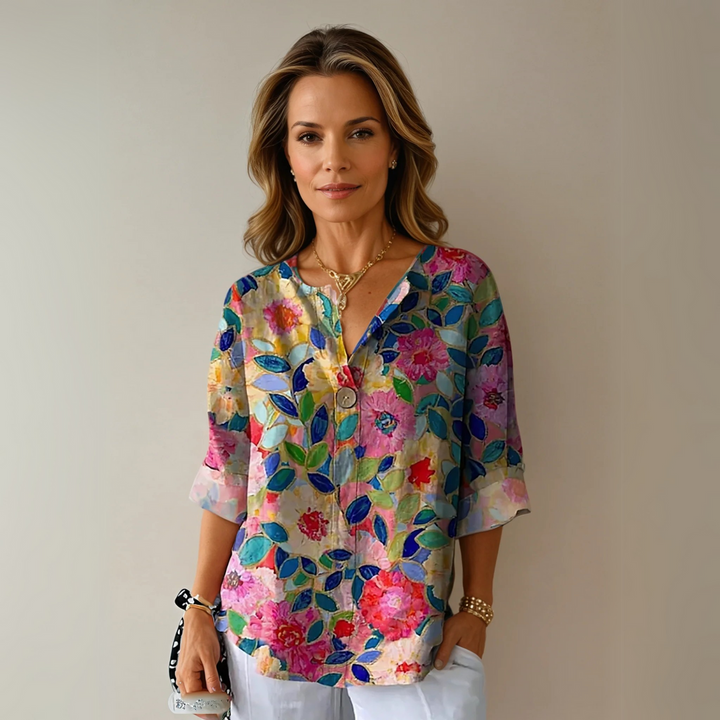 Dam Blus | Elegant Blommönster | Knappstängning