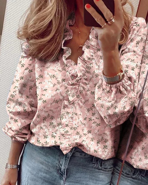 Dam Blus | Trendig Volang | Knappdetalj