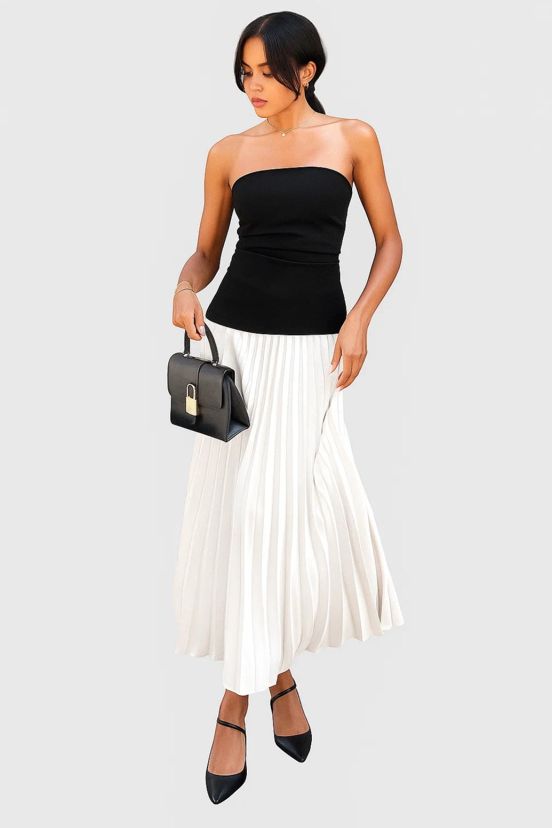 Dam Klänning | Elegant Strapless | Plisserad Kjol