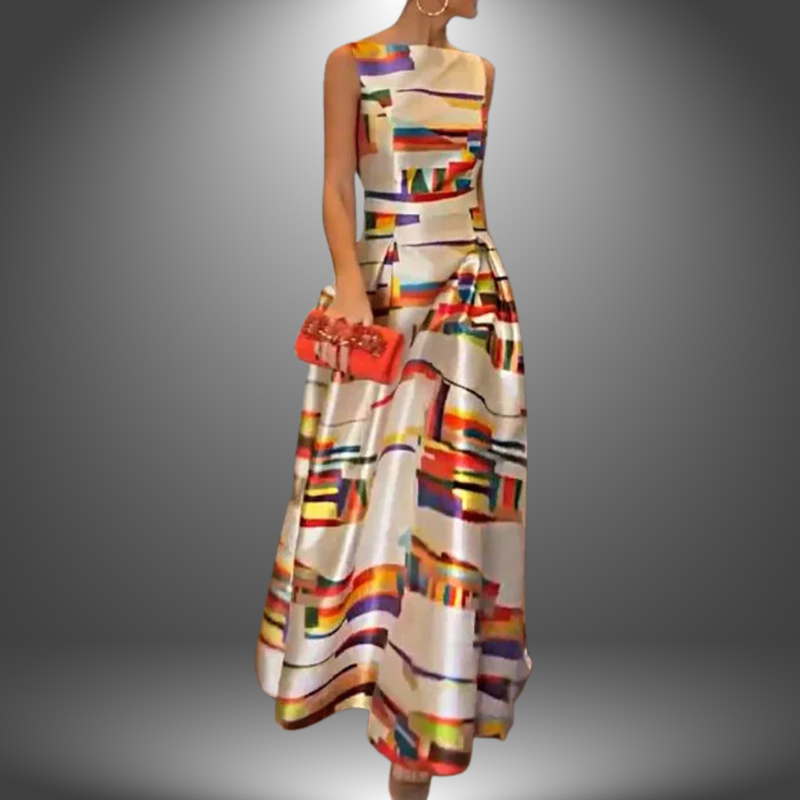 Klänning Maxi | Färgstark Geometrisk Klänning | Ärmlös | Elegant Festklänning