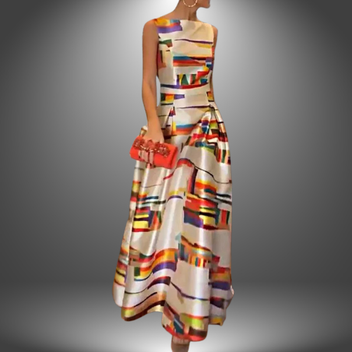 Klänning Maxi | Färgstark Geometrisk Klänning | Ärmlös | Elegant Festklänning