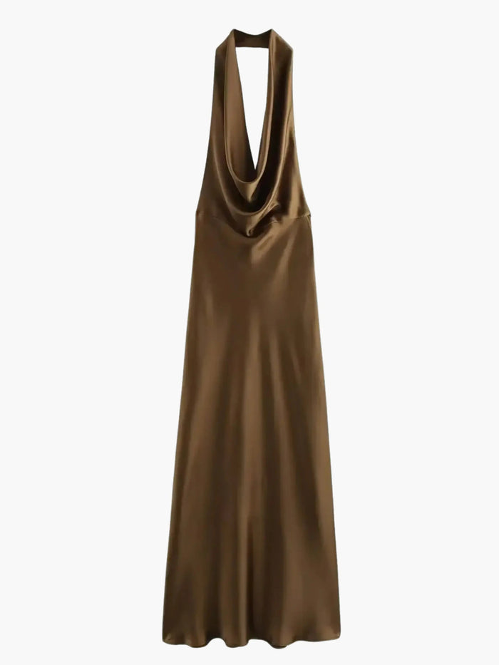 Klänning Maxi | Elegant Satin-Maxiklänning med Vattenfallskrage | Ärmlös | Fest & Kväll