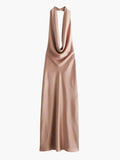 Klänning Maxi | Elegant Satin-Maxiklänning med Vattenfallskrage | Ärmlös | Fest & Kväll
