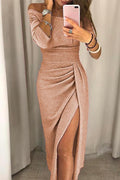 Damklänning | Off-Shoulder & Elegant | Glittrigt Tyg med Slits | Polyester