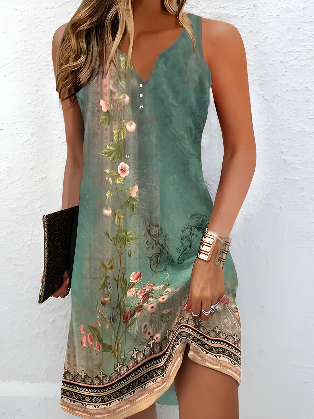 Damklänning | Elegant Blommönster | V-ringning &amp; Knappdetalj