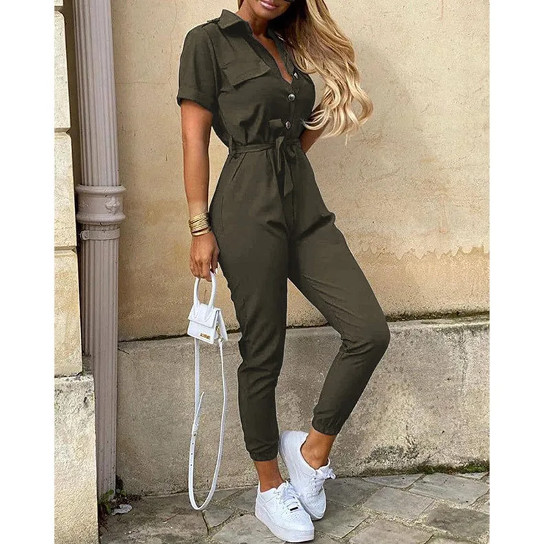 Jumpsuit för Dam | Kort Ärmsmodell med Krage | Elegant Passform &amp; Bälte | Polyester