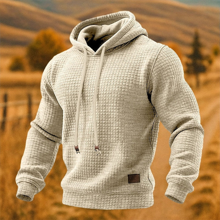 Herr Waffle-Texturerad Pullover-Huvtröja med Dragsko